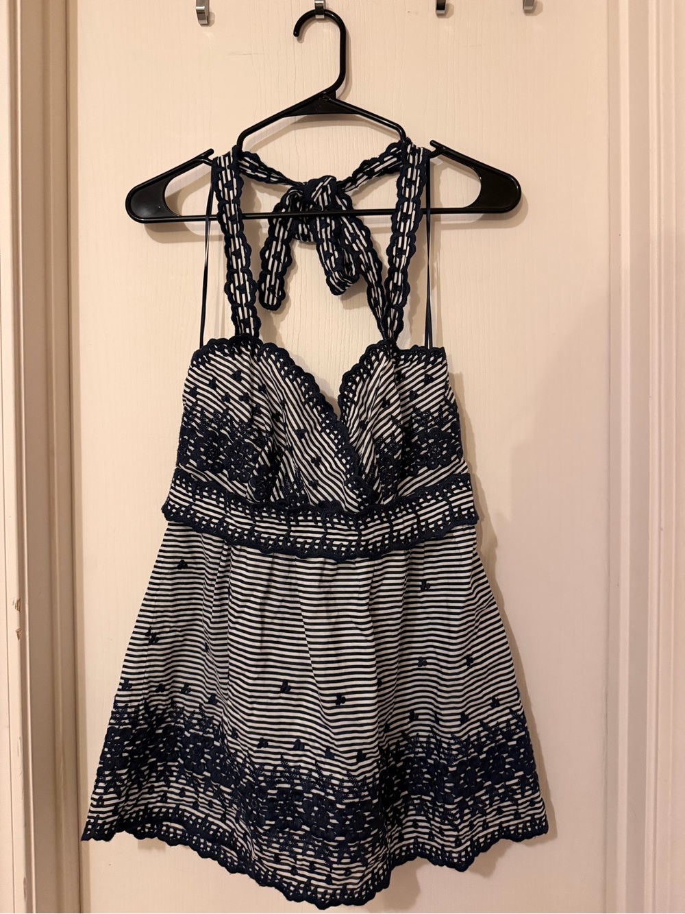 Kate Spade NY Striped Embroidered Halter Top Size 6 Navy White Lace Detail